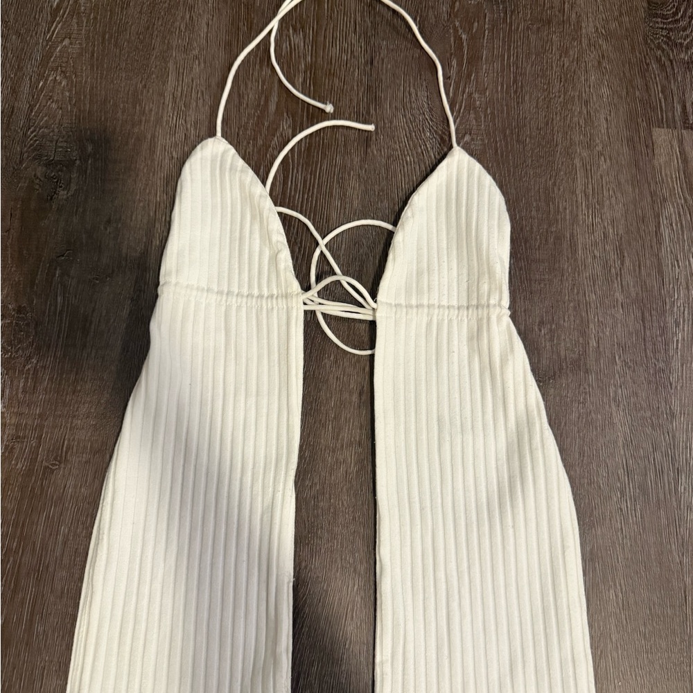 White Ribbed Open Back Top